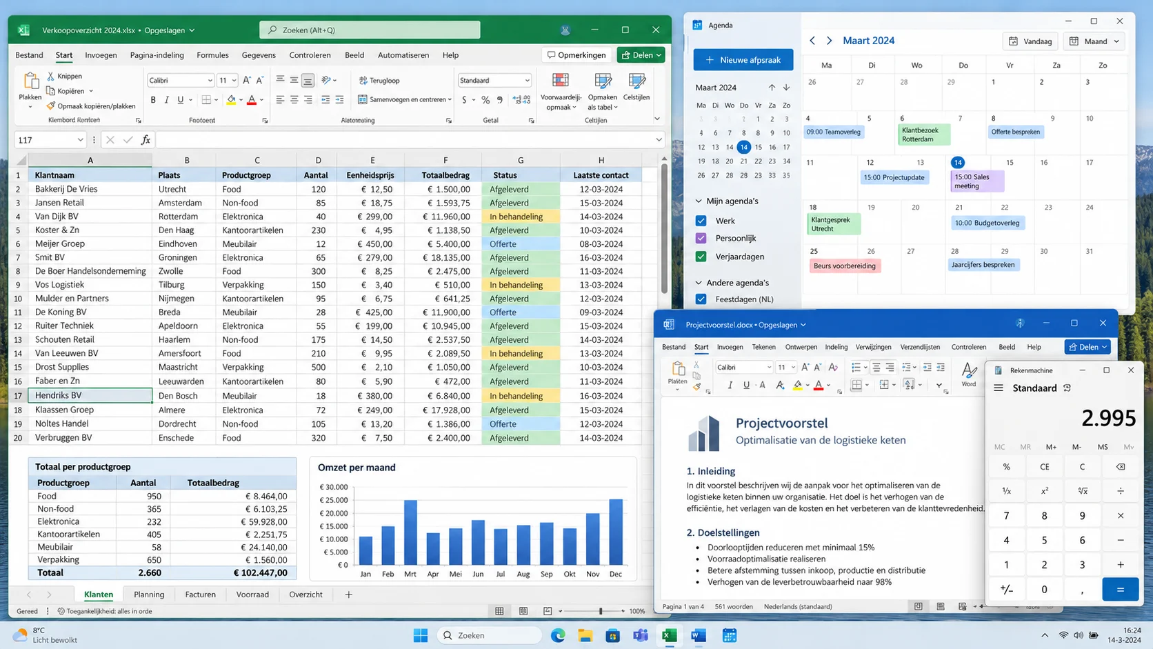 Een bureaublad met een Excel-verkoopoverzicht, een agenda, een Word-document en een rekenmachine door elkaar